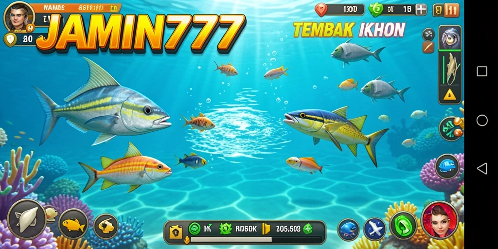 Tampilan gameplay seru dalam JAMIN777 saat menembak ikan berwarna-warni.