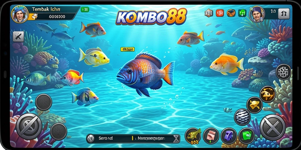 Screenshot permainan KOMBO88 menampilkan aksi seru menembak ikan.