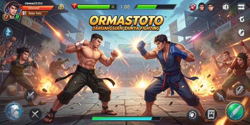 Screenshot utama ORMASTOTO menampilkan pertarungan seru antara dua karakter.